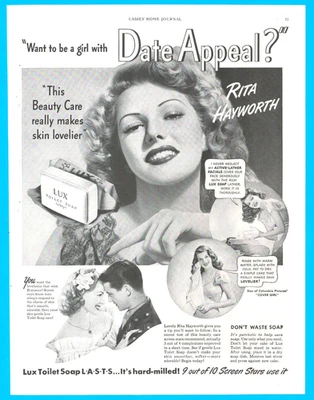 Rita Hayworth celebridad estrella de cine Lux jabón de inodoro anuncio impreso de colección 1944 Foto 1 de 4