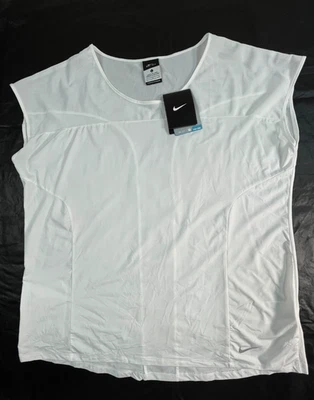 NUEVO CON ETIQUETAS Nike Mujer Camisa L Blanca Dri-Fit Malla Hombro Cremallera Bolsillo Foto 1 de 4