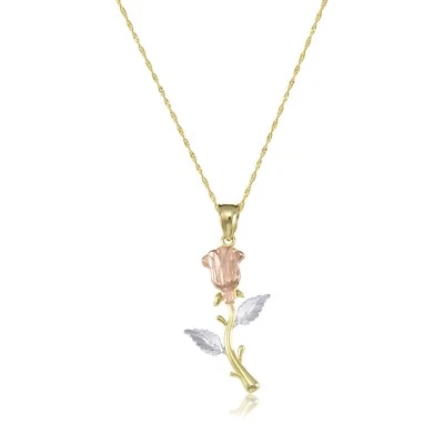10K Solid Yellow Gold Rose Pendant Singapore Chain Necklace Set - Flower Charm - Image 1 of 4