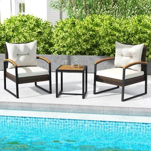 3 PCS Patio Conversation Set w/ Coffee Table Solid Acacia Wood Armrests Tabletop - Picture 1 of 6