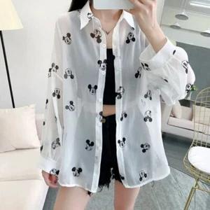 Women's Mickey Mouse Print Long Sleeve Tops Loose White Blouse Casual Shirt UK - Picture 1 of 9