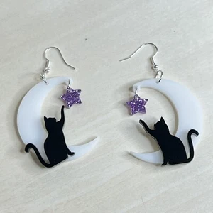 Playful Black Cat Earrings - Moon And Stars - Picture 1 of 5