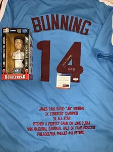 Camiseta deportiva firmada por Jim Bunning de los Filis de Filadelfia de la Sala de estar en servicio público + bobble de bandidos - Imagen 1 de 6