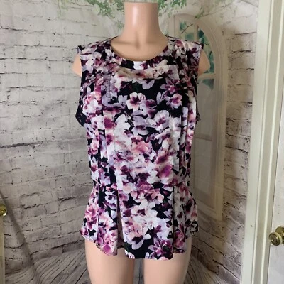 Blusa sin mangas Attention para mujer talla XL púrpura floral elástica Foto 1 de 4