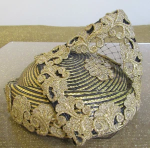 Vintage Gold Glitter Fringe with Black Stripe Hat Embellished with Netting - Picture 1 of 8