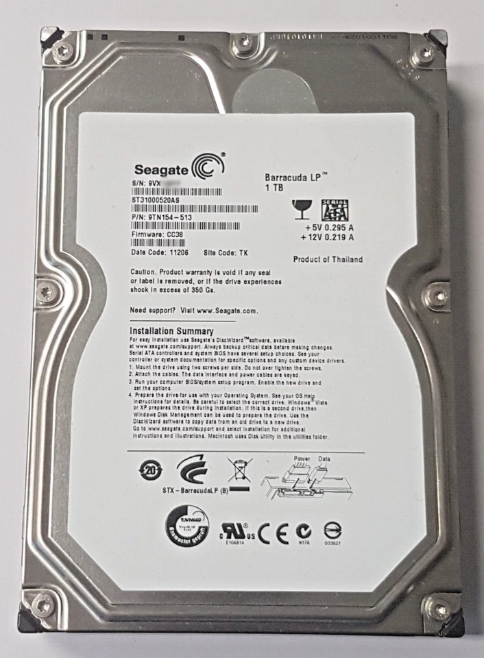 1 TB SATA Seagate Barracuda LP 5900.12 ST31000520AS 32MB HDD 3.5" Hard Drive - Image 1 of 1