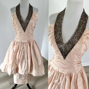Vintage 1960s 60s Alfred Bosand Pink Peplum Tafetta Beaded Halter Dress Couture - Picture 1 of 24