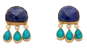 Aretes chapados en oro de 18 quilates aspecto vintage facetados turquesa y lapislázuli regalo - Imagen 1 de 4