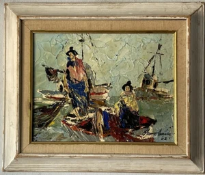 PAUL BLAINE HENRIE ANTIQUE MODERN ABSTRACT OIL PAINTING OLD VINTAGE OCEAN BOAT - Picture 1 of 14