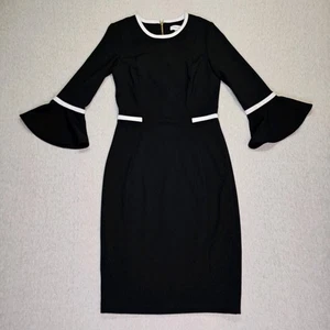 Calvin Klein Dress Womens 2 Black Sheath Stretch White Trim Bell Sleeve Shaping - Picture 1 of 14