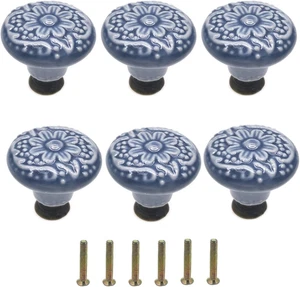 6 Pcs Ceramic Blue Drawer Knobs Vintage Flower Cabinet Knobs Furniture Pull Hand - Picture 1 of 12