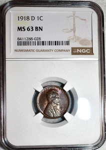NGC MS-63 BN 1918-D Lincoln Cent, Attractively Toned & Razor-Sharp. - Picture 1 of 2