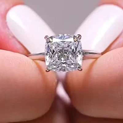 1Ct Cushion Cut Real Moissanite Solitaire Engagement Ring 14K White Gold Plated - Image 1 of 4