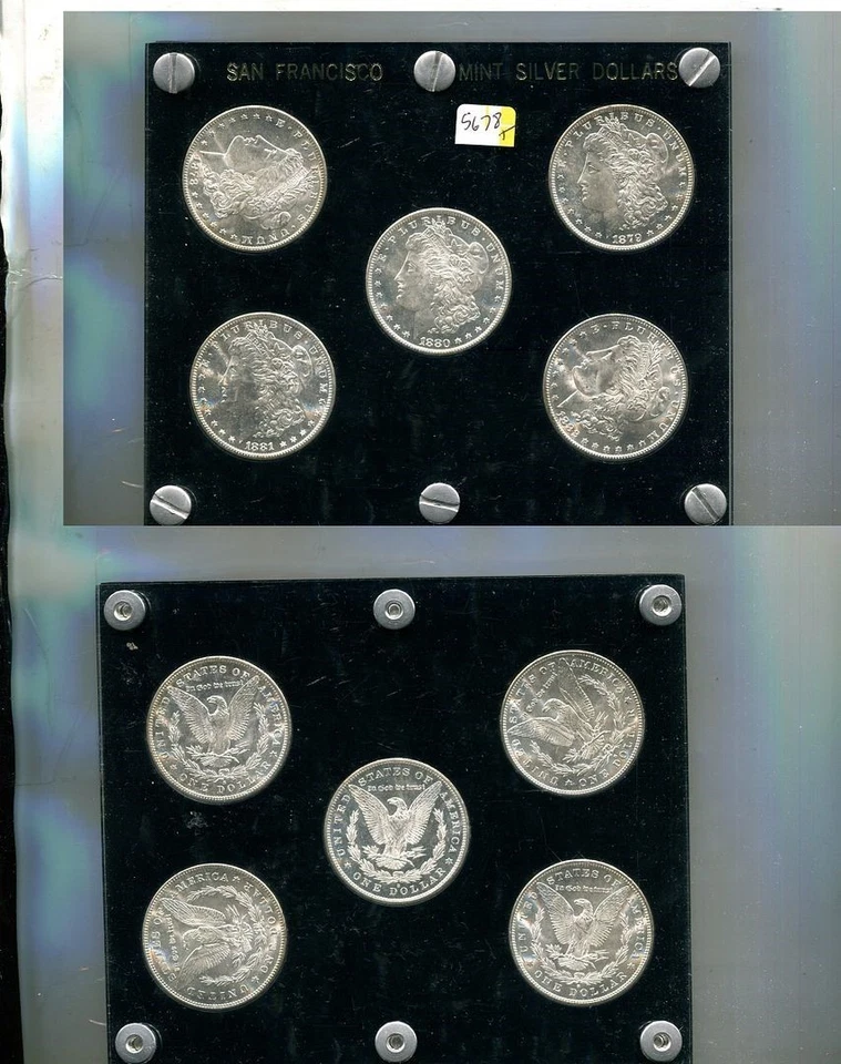 JUEGO DE 5 MONEDAS DÓLAR DE PLATA MORGAN 1878 - 1882 CH BU CON SOPORTE 5678T Foto 1 de 1