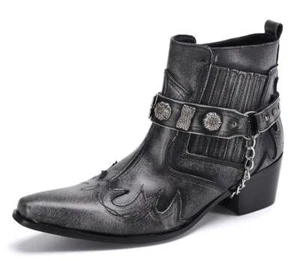 Mens Fashion Punk Pointy Toe Rivet Metal Chain Ankle Boots Youth Leather H150 - Picture 1 of 8