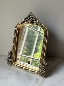 ORNATE Gold ornate floral Easel Back Table Top Mirror 9”x7.5”