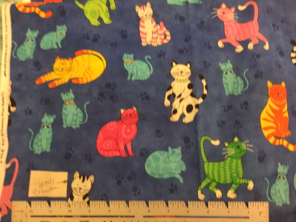 Cool Cats Kittens on Blue Cotton Fabric 2 Yards - Image 1 of 1