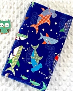 Handcrafted, Minky Ocean Fish Shark Print & Blue Minky Bubble Baby Burp Cloth  - Picture 1 of 2