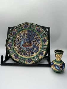 Deruta Ceramic 10” Plate Byzantine Mosaic Green Peacock With Bud Vase Italy - Picture 1 of 9