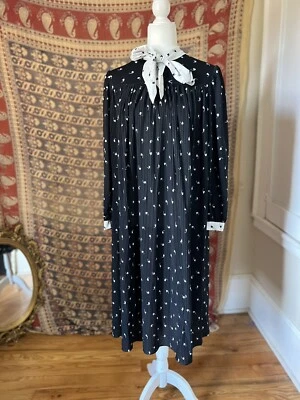 Vintage 70s Herman Marcus Draped Pleats Floral Black Dress M Wednesday Adams 12 - Image 1 of 4