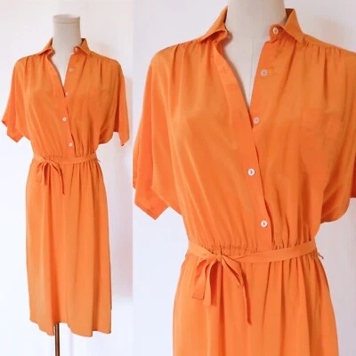 Vintage 80s Diane von Furstenberg Bright Orange Midi 100% Silk Shirt Dress M - Image 1 of 4