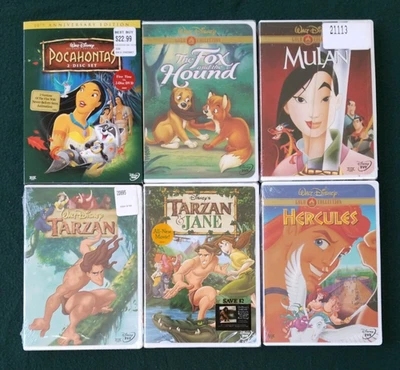 6  Brand New/Sealed DVDs: Pocahontas, The Fox and The Hound, Mulan, Tarzan, Tarz - Image 1 of 2