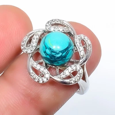 Anillo de joyería enchapado en plata con piedras preciosas de circonita cúbica blanca y turquesa Add. (R151) Foto 1 de 3