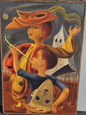 复古罕见 20 世纪 40 年代万圣节油画 WPA 俄克拉荷马州艺术家 Stanley Hess Stan — 第 1/4 张图片