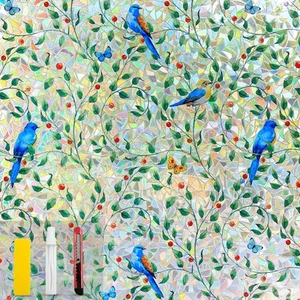 Colorful Bird and Floral Window Privacy Film Stained Glass Window Film Rainbo... - Picture 1 of 6