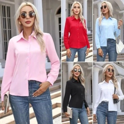 Womens Ladies Plain Long Sleeve Sleeve Work Shirt Collar Office Blouse Plus Size - Image 1 of 4