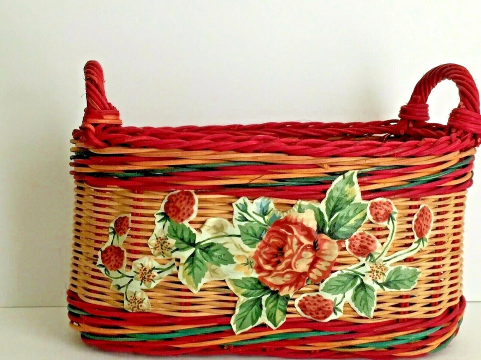  Woven Wicker Rattan Basket Floral Designed Multi Color 2 Handles  7"T x 14"W - Image 1 of 4
