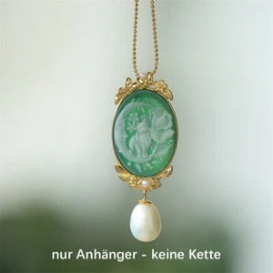Mond Katze Rose Perlmutt grüner Achat Anhänger Brosche Sterling Silber 925 F1347 - Bild 1 von 6