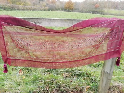 Long Vintage Burgundy Beaded Sequin Tasselled Table Runner 53cm x 148cm - Image 1 of 4
