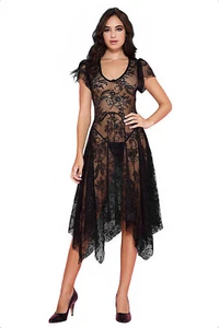 Black Lace Dress Women's Gypsy Style Short Sleeved Full Skirt - One Size - Picture 1 of 3