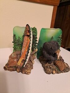 Resin Book Ends Lodge Decor Fishing Bear Canoe Wooded Rocks Trout Man Cave