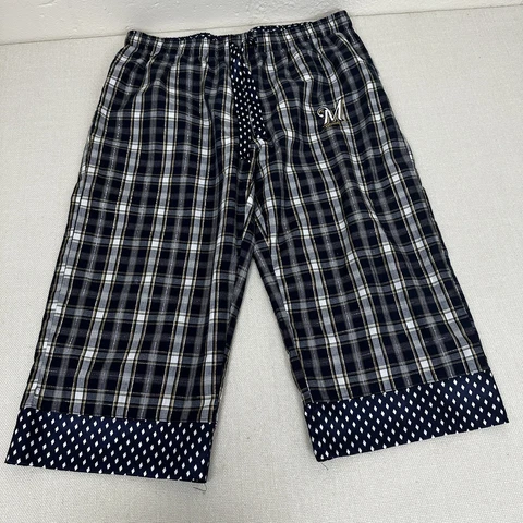 Milwaukee Brewers Sleepwear  Blue / Gold Plaid Capri Pajamas Womens Size Large Cover