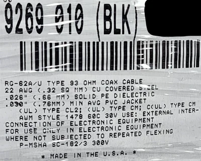 Belden 9269 RG-62A/U 93Ohm Coaxial Radio/Antenna Cable Wire RG62 Black /25ft - Image 1 of 4