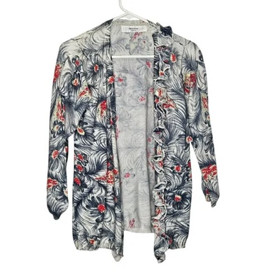 Chaqueta cárdigan abierta con volantes florales Sparrow para mujer grande algodón Pima negro rojo Foto 1 de 4