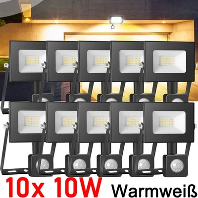 10x LED Fluter 10W mit Bewegungsmelder Außen Strahler Warmweiß Scheinwerfer IP65 - Bild 1 von 4