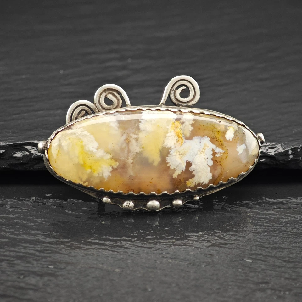 棕色椭圆形苔藓玛瑙纯银胸针 — 第 1/1 张图片