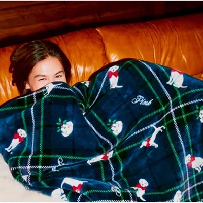 Victoria's Secret ROSA Verde A Cuadros Acogedora Vellón Sherpa Perro Arco Logo Manta NUEVA Foto 1 de 4