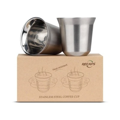 Juego de tazas de café espresso de acero inoxidable de 80 ml - Paquete de 2 tazas de doble pared 304 acero inoxidable... Foto 1 de 4