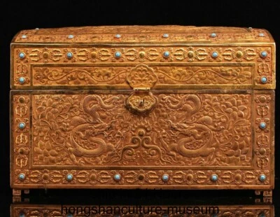 13.8" Old Chinese Bronze Inlay Gem 24K Gold Gilt Dynasty Dragon Jewelry Box - Image 1 of 4