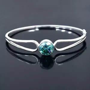 5 Ct Treated Certified Lovely Blue Diamond Solitaire Bangle Bracelet, 925 Silver - Picture 1 of 7
