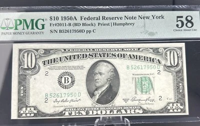 $10 1950A Federal Reserve Note New York Fr#2011-B (BD BLOCK) Priest/ Humphrey - Image 1 of 4
