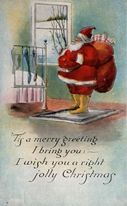 POSTCARD CHRISTMAS SANTA CLAUS BY STOCKING ON THE RAILING - Picture 1 of 2