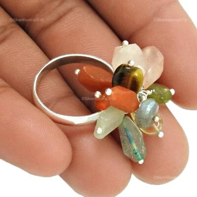 Briolette Peridot Gemstone Tiger'S Eye Wife Beaded Ring Sterling Silver US 7.5 - Image 1 of 4
