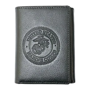US Marine Corps Logo Genuine RFID Protection Leather TRIFOLD Wallet (Black) - Picture 1 of 2