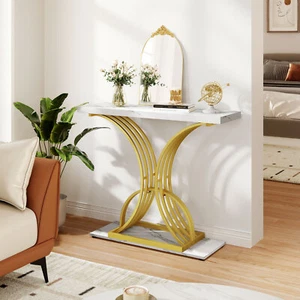 Nice Modern Gold Console Table 39" Entryway Table with White Faux Marble - Picture 1 of 8