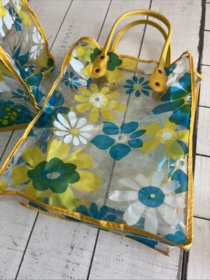 Vtg 1960-70 Vinyl Flower Power Clear Tote Bag Blue Yellow White Lot 2 - Image 1 of 4